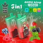 Two green and red 3in1 juice bottles with a monkey mascot, set against a red-green gradient background with berries and mint, BANG king branding and features icons.