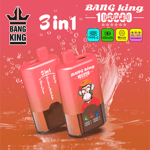Bang King 3in1 vape pods with pink containers, cartoon monkey mascot, bubble splash background, and icons for Type-C, 850mAh, mesh coil, and LED screen.