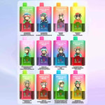 Assorted colorful vape juice bottles with cartoon monkey labels arranged in a grid, each flavor name shown beneath.