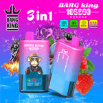 Bright pink-purple gradient packaging with two pink 3-in-1 bottles, one featuring a cartoon monkey, set against berries and leaves; text shows Bang King 3in1 and icons.