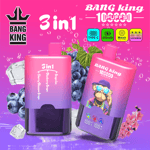 Bright pink and purple 3-in-1 vape bottle set with two pink containers, one featuring a monkey wearing sunglasses; background shows grapes, ice cubes, and bubbles, with Bang King branding and icons indicating Type-C, 850mAh, mesh coil, LED screen.