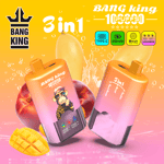 Dual-tone pink-to-orange vape bottles with a monkey mascot, angled against mango and peach background, Bang King branding and 3in1 text.
