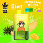 A bright yellow-green advertisement featuring a large bottle labeled Bang King 3in1 with a cartoon monkey wearing sunglasses on the front; tropical fruits pineapple, mango, and pineapple slice surround the bottle, with water splashes and bold text and icons in the background.