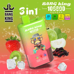 Bright green and pink 3-in-1 drink bottle labeled Bang King, with a monkey mascot wearing sunglasses and a hat; background with fruits (strawberry, kiwi, melon, mulberries), ice cubes, and bubbles.