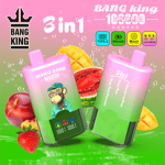 Three colorful Bang King 3-in-1 bottles with fruity gradient pink-to-green labels, tropical fruits around, and a pink background with product text and icons.
