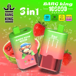 Two green and pink 3in1 Bang King bottles with a cartoon monkey on one label, set against a bright green to pink gradient with strawberries and watermelon slices.
