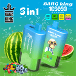 Two blue 3-in-1 10000mAh Bang King battery packs shown at an angle with a watermelon and berries in a bright aqua-green background, branding and icons above.