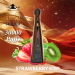 Strawberry kiwi tequila bottle with 1942 Don Leon branding, surrounded by strawberries and kiwi slices, gold ribbons and sparkling background, text “30000 Puffs” and “STRAWBERRY KIWI” Front view of tall brown bottle.