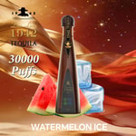 Watermelon slices beside a tall Tequila Don Leon bottle labeled 1942, with blue ice blocks in the background and a warm, sparkling orange backdrop.
