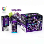 Vibrant purple grape ice vape product set, featuring a boxed device, a single vape mod, and a large outer box with sci-fi gorilla artwork, grape ice flavor, UZY branding, and grape clusters in the background.