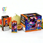 Colorful UZY branded vape product packaging with a central device and a large box reading “50K PUFFS” beside fruits (melon, watermelon, passion fruit).