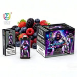 Assorted berries behind a black vape bottle and two boxed vape products with vibrant purple sci-fi artwork and the UZY logo.