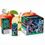 A green vape bottle and a box with futuristic graphics labeled UZY Two Apple, placed in front of two apples (one whole red and one sliced) with a leaf, on a white background.