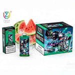 Watermelon ice flavored vape products by UZY, featuring a green bottle and matching packaging with a futuristic gorilla design, set against sliced watermelon pieces.