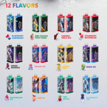 Assorted vape juice bottles labeled with flavors: Blueberry Raspberry, Kiwi Passion Fruit Guava, Cherry Cola Ice, Strawberry Watermelon, Mixed Berries, Peach Ice, Lemon Lime, Grape Ice, Watermelon Ice, Love 66, Two Apple, Blueberry Ice, arranged in a grid with flavor text captions.