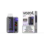 Vozo Vista 20000 grape ice vaping device with purple accents shown beside its packaging, featuring a clear shell and digital display.