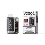 Vozo Vista 20000 vape device with a black carbon-fiber panel and a display, placed next to its packaging box labeled VOZOL and LAVAFIRE, with a nicotine warning.