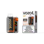Vozol Vista 20000 Lemon Lime vaping device in clear casing with orange accent next to its packaging showing the brand and warning label.