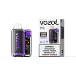 Vozo Vista 20000 vaping device with purple accents next to its packaging, showing a clear case and digital display.