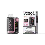 Vozo Peach Ice pod device with a pink-black carbon pattern and a digital display, shown next to its retail box labeled VOZOL Vista 20000 and nicotine warning.