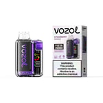 Vozol Strawberry Mango Vista 20000 pod device with purple accents next to its packaging box featuring the Vozol logo and warning label.