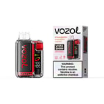 Vozol Vista 20000 vaping device with red and black carbon-fiber design, shown beside its packaging that reads Strawberry Raspberry Cherry.