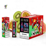 Vibrant UZY vape packaging set with watermelon ice flavor, including a black vape device, a small red box, and a large red box featuring monkeys and 120K puffs, surrounded by sliced kiwis and passion fruit.