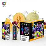 UZY Shisha King 120K Puffs Lady Killa vape kit, with colorful psychedelic packaging and a bottle, set against melon and fruit background with ice cubes.