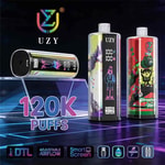 UZY brand vape devices with colorful artwork, two cylindrical pods, and a large “120K PUFFS” label; features include adjustable airflow, smart screen, 64ml/1000mAh specs, and dual mesh coils.