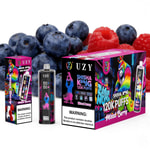 Colorful vape product boxes and a sleek vape device in front of a backdrop of blueberries and raspberries.