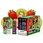 Bright UZY Shisha King vape packaging set with strawberry kiwi flavor, featuring colorful cartoon graphics, vape devices, and fresh strawberries and kiwis in the background.