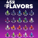 A grid of colorful e-liquid bottles labeled with flavors, arranged in rows on a purple gradient background with ice cubes and fruit icons.