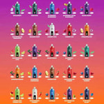 Assorted fruit-flavored bottled beverages arranged in a grid on a pink-to-orange gradient background, each with flavor labels such as Spearmint, Menthol, Blueberry Raspberry, Mixed Berry, Watermelon Pineapple, Orange Mint, Cherry Fizz, Cherry Ice, Pineapple Ice, Watermelon Lime, Grape, Grape Berry, Blueberry Mint, Mint, Summer Dream, Blueberry Lemonade, Fusion Pop, Watermelon Cherry, Blueberry Cherry, Lemon Lime Cherry Fizz, Strawberry Cherry, Ice Blue, Watermelon Kiwi, Blue Razz Blast.