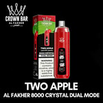 Two Apple Al Fakher 8000 Crystal Dual Mode vaping device packaging and bottle in red, with Crown Bar logo and warning label visible.