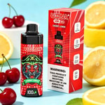 Cherry lemon RazBār vape device with red patterned bottle beside its box, featuring a demon graphic and warning label.
