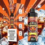Razz Bar Cola Ice vape bottle with bold orange packaging, a fierce tiger-like graphic, and ice cubes in the background.