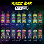 Rows of colorful vape juice bottles with cartoon monster labels, labeled flavors like Grape Burst, Strawberry Ice, Kiwi Passion Fruit Guava, Lemon Lime, and more. 40K Puffs logo at top.