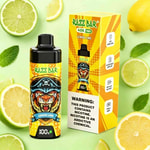 Razz Bar lemon lime nicotine vape bottle with a fierce tiger logo in front of a yellow striped box, surrounded by lime and lemon slices on a light green background.
