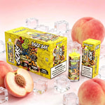 Bright yellow Razz Bar product boxes with ice cubes, a bottle, and a smaller box, surrounded by peaches on a pink backdrop.