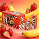Bright red packaging of Razz Bar vape products with strawberry-banana flavor, surrounded by bananas and ripe strawberries in a tropical-themed setup.