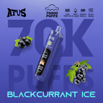 Blackcurrant Ice e-liquid vape device with blue casing, bold text, blackcurrant cluster illustrations, and large purple “70K PUFFS” background logo.