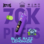 Purple vaping device with blue label, surrounded by lime halves and blueberries, bold “70K PUFFS” branding, and neon blue text “BLUE RAZZ LEMONADE” at bottom.
