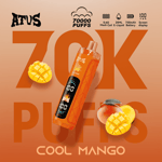Vape device with orange geometric pattern, surrounded by mango slices, large orange “70K PUFFS” text, and “COOL MANGO” label on the bottle, peach-orange gradient background.