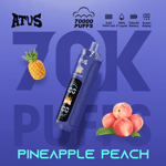A blue vaping device labeled AFUS with pineapple peach flavor, surrounded by a pineapple and peaches, set against a large “70K PUFFS” graphic and the words PINEAPPLE PEACH.