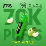 Two Apple-themed vape device with green body, surrounded by sliced apples on a bright green background, text “TWO APPLE” at bottom.