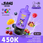 Appareil à glace s.BANG violet avec une étiquette de raton laveur de dessin animé, entouré de baies et de fruits, prix promotionnel 450K, 15 en 1, myrtille framboise mélange de baies, fruit de la passion, mangue.