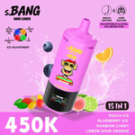 Bouteille rose de s.BANG avec un singe de dessin animé, entouré de fruits et de glace, sur fond rose avec un grand texte "450K" et un badge "15 IN 1".