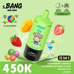 Une bouteille de bubble-gum pastèque s.BANG vert vif avec un singe de dessin animé, entourée d'images de fruits (fraise, mangue, pastèque, citron vert) et une étiquette 15 en 1; prix en gras 450K apparaît en bas à gauche.