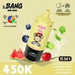 Une bouteille jaune étiquetée s.BANG Watermelon Ice Blueberry Mint avec des graphiques de fruits (pastèque, myrtille, citron vert, menthe) éclaboussant derrière le texte ; indiquant “ 450K ” et “ 15 IN 1 ” avec des icônes et une liste de saveurs.