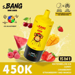 s.BANG Bouteille de glace pastèque 15 en 1 avec étiquette jaune, entourée de baies et de tranches de fruits sur fond jaune, prix 450K affiché.